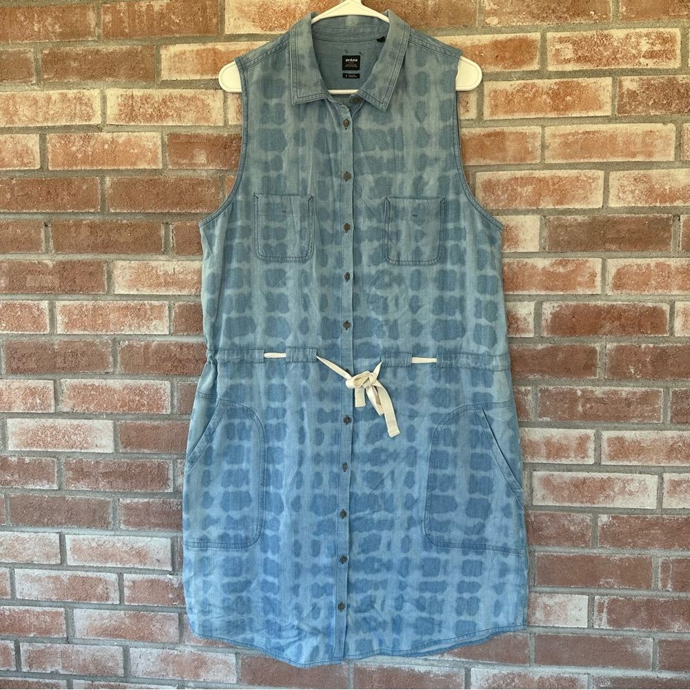 PrAna Chambray Organic Cotton Button Front Blue Sleeveless Dress Women’s Large